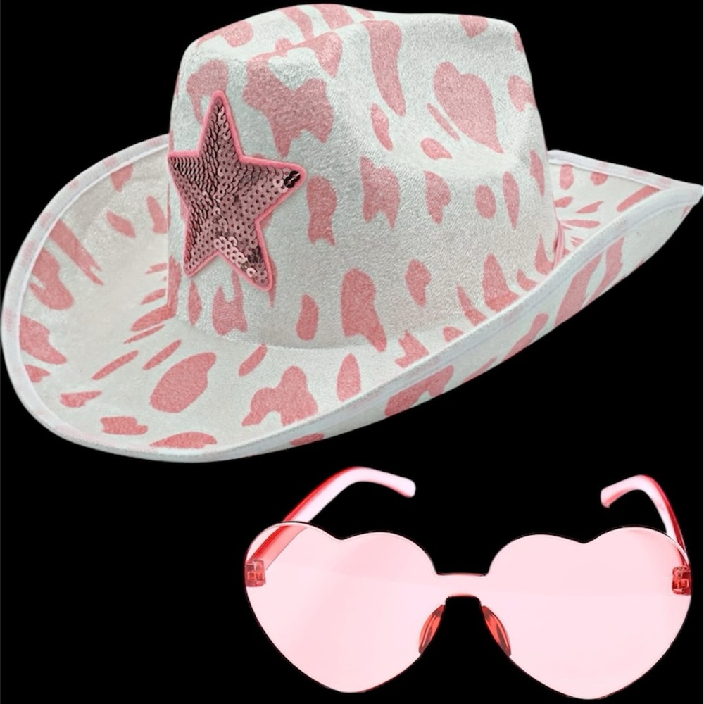 Pink & White Adult Cowboy CowPrint Hat heart Sunglasses Halloween Cosplay New